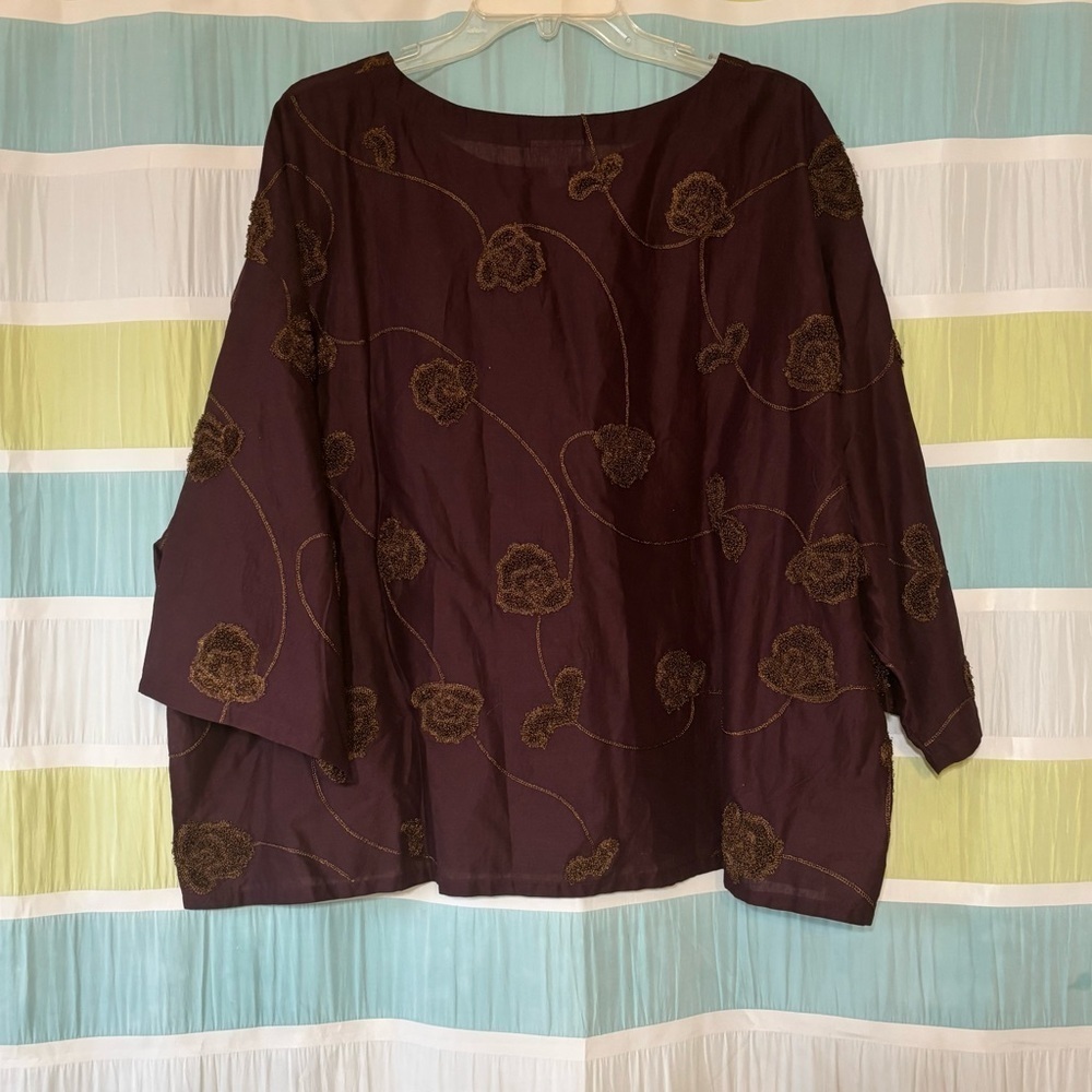 Pure J Jill Brown Wine Color Valley Floral Embroidered Boho Boxy Top Sz XL - Picture 11 of 11
